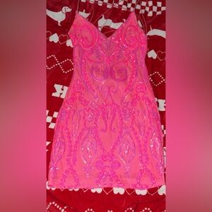 Hot Pink Sequined Strappy Open-Back Dress